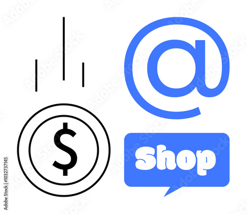 Dollar sign, upward arrows, email symbol and chat bubble with the word Shop. Ideal for online shopping, e-commerce, digital marketing, business transactions and web stores. Clean modern style