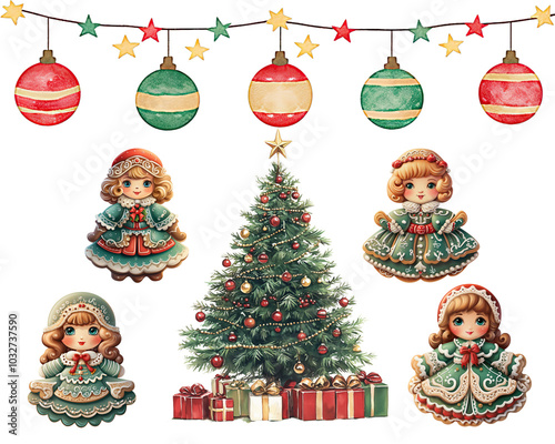 dolls gingerbread ,decorative lights, Christmas tree ,gift box and Christmas ornaments