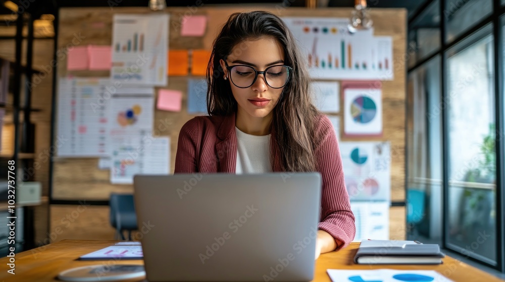 Young Woman Working on Laptop in Modern Office