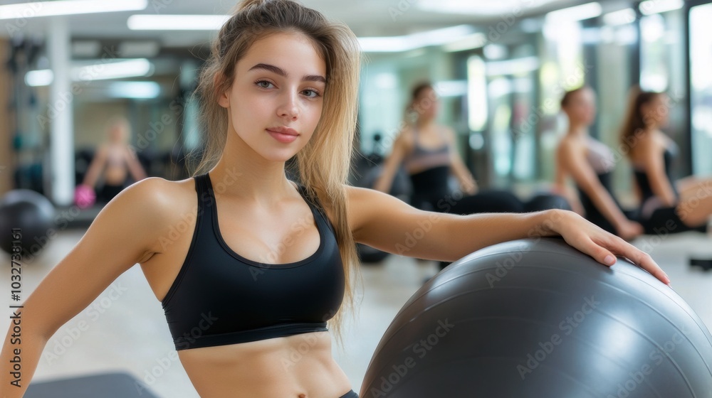 Fototapeta premium Fit and Focused Woman Exercising with Stability Ball in Gym for Strength Training and Wellness