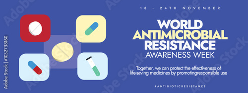 World Antimicrobial resistance awareness week. 18-24 November Antimicrobial week conceptual cover banner with icons of pills, tablets, flask. The week focus to change lifestyle to prevent this.