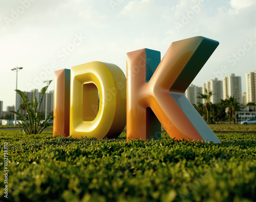 the letters IDK for I Don't Know lingo, meme concept, lively and stylish, sky, apartment buildings in the blurry background of photo style photo