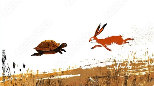   A turtle and tortoise run through a field with tall grass and grass in the foreground in a painting photo