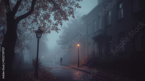 Foggy street at night with streetlamp illuminating a path and a silhouette of a person