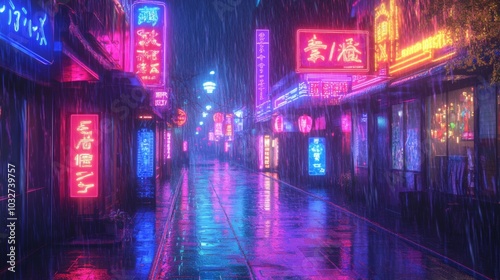 Neon Dreams in Rainy Alley