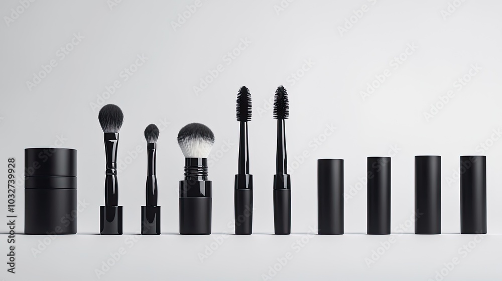 Elegant Black Makeup Brushes on Gray Background Elegant Black Makeup Brushes on Gray Background