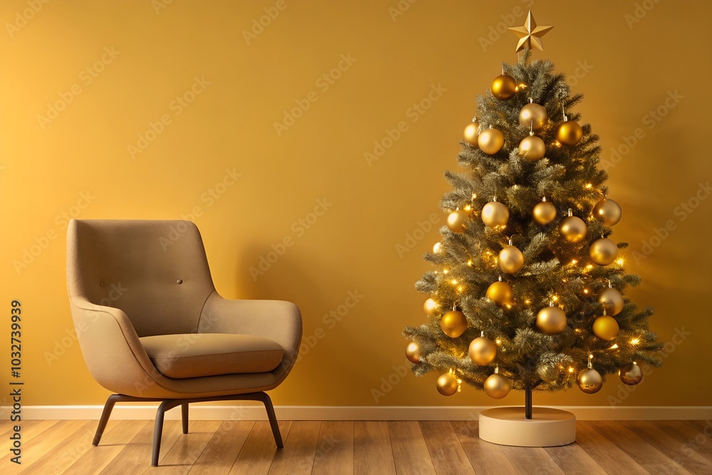 A golden-themed Christmas tree with matching gold ornaments beside a neutral-toned armchair in a minimalist room. The yellow backdrop enhances the warm and elegant holiday ambiance. A golden-themed Christmas tree with matching gold ornaments beside a neutral-toned armchair in a minimalist room. The yellow backdrop enhances the warm and elegant holiday ambiance.