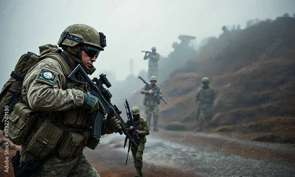Soldiers patrolling a rugged terrain in misty conditions during a military operation in the early morning hours Soldiers patrolling a rugged terrain in misty conditions during a military operation in the early morning hours