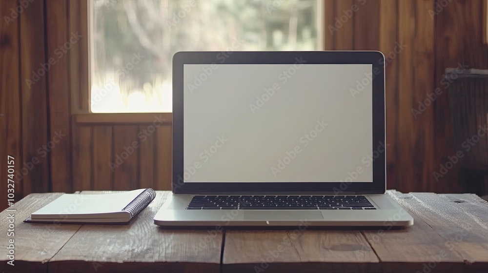 Modern Laptop on Rustic Table in Cozy Room