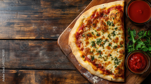 rustic wooden board delicious italian pizza slice mozzarella cheese tomato sauce herbs