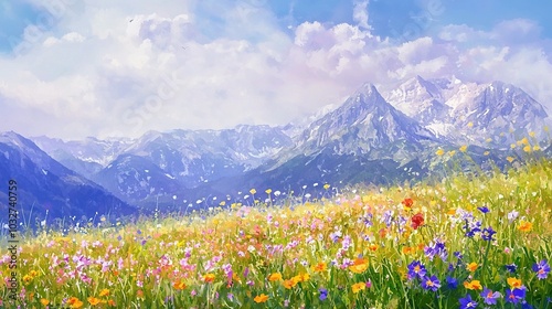  A painting depicts a meadow adorned with vibrant blossoms, framed by majestic mountains and set against a backdrop of azure sky and fluffy clouds