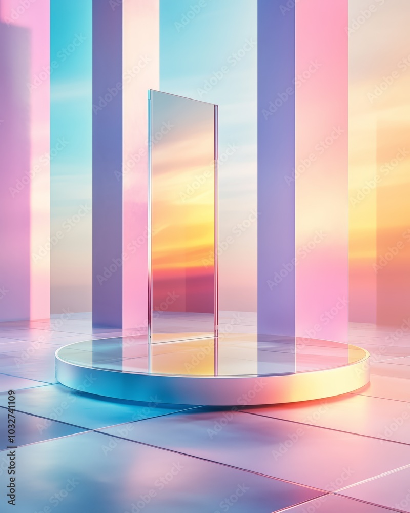 A round podium with sharp angles and glass surfaces, set against a gradient background with gentle shadows, creating a modern architectural look A round podium with sharp angles and glass surfaces, set against a gradient background with gentle shadows, creating a modern architectural look