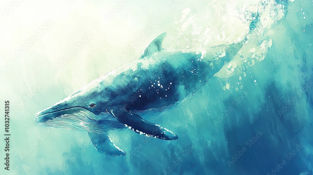 Naklejka premium A humpback whale swims beneath the surface of water, spewing bubbles from its mouth