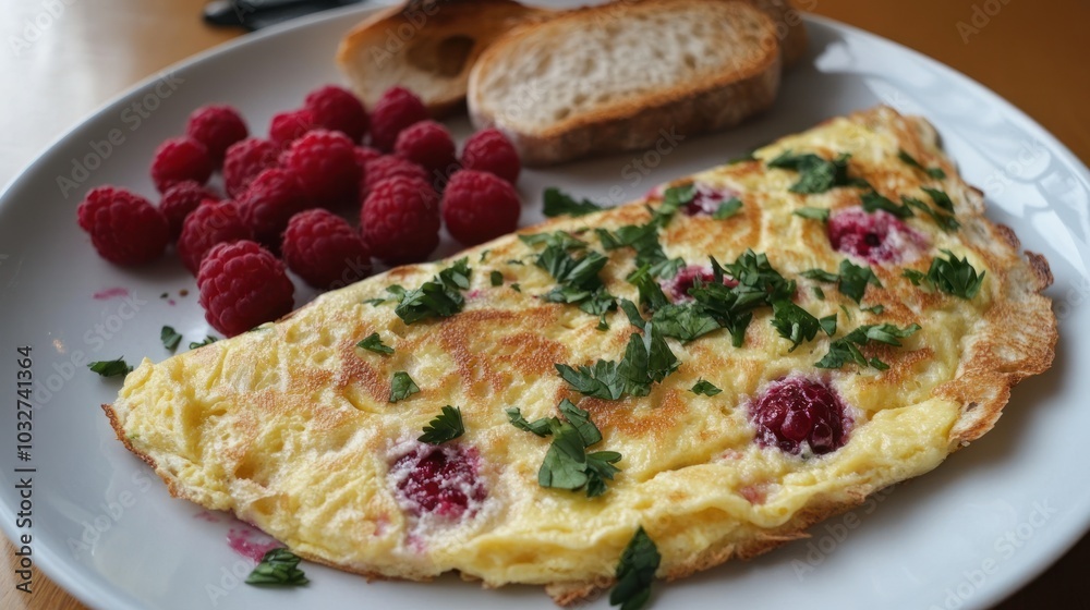 A delicious omelette with raspberries and bread, showcasing a colorful breakfast plate. A delicious omelette with raspberries and bread, showcasing a colorful breakfast plate.
