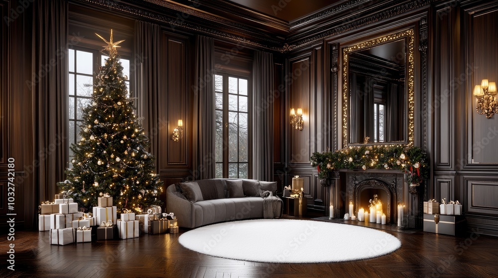 A winter-themed living room exudes warmth with a Christmas tree, garland, and gift boxes surrounding a comfortable grey sofa on a white rug, enhanced by soft lighting A winter-themed living room exudes warmth with a Christmas tree, garland, and gift boxes surrounding a comfortable grey sofa on a white rug, enhanced by soft lighting