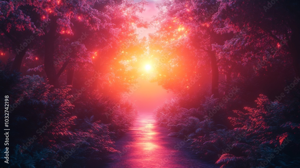 Magical Sunset Pathway in Enchanted Forest Magical Sunset Pathway in Enchanted Forest