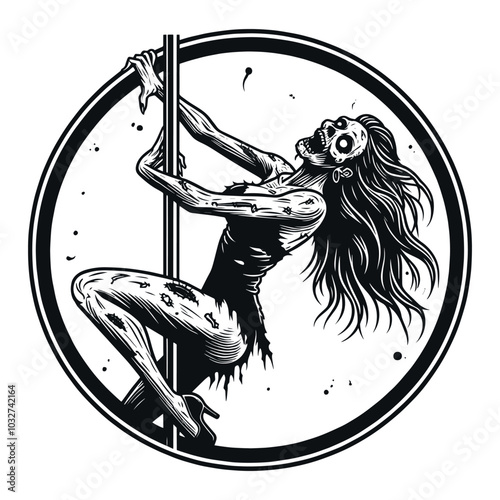 Pole dance zombie woman stripteaser.  Creepy Halloween club. Black and white vector illustration, cut out, tattoo sketch