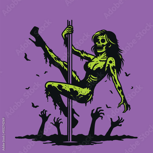 Pole dance zombie woman stripteaser.  Creepy Halloween club. cool vector illustration, cut out