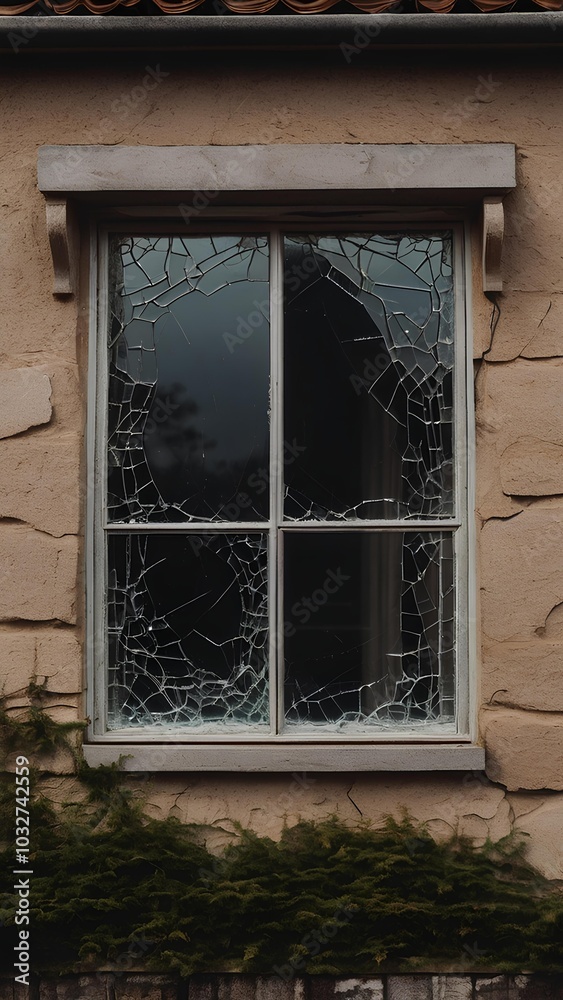 Fototapeta premium Crack glass windowpane of a old abandon house.