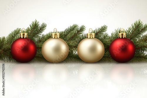 Gold red and silver Christmas ornaments arranged on fir branches creating a simple and elegant holiday decor perfect for capturing the warmth of the season