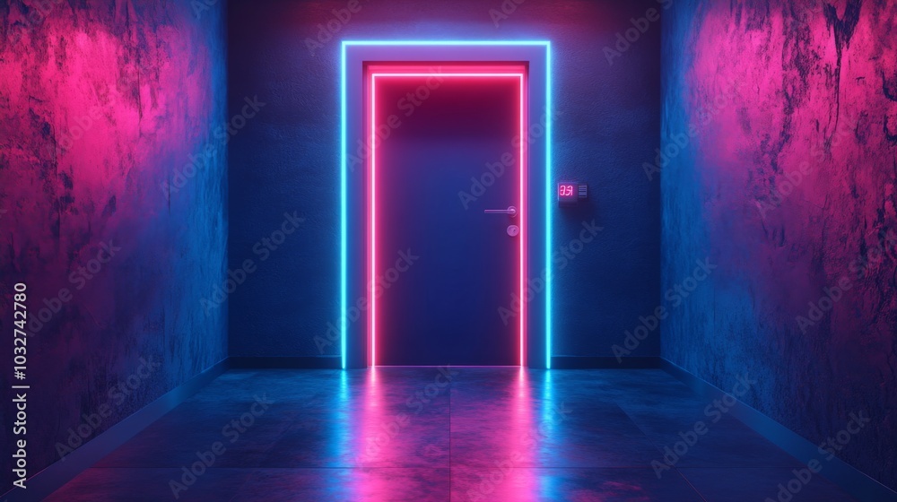 Neon Doorway in Futuristic Hallway Neon Doorway in Futuristic Hallway