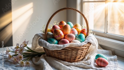 Handcrafted Easter Eggs in Decorative Basket with Spring Flowers on Light Background