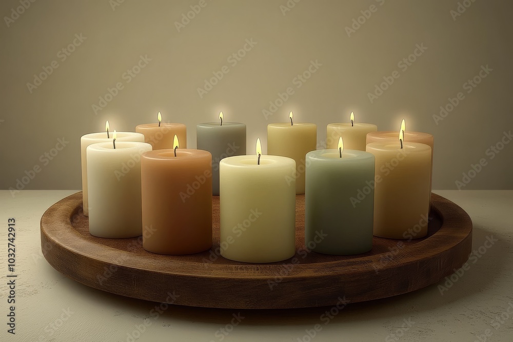 Six minimalist candles of various heights in soft hues arranged in a modern style on a wooden tray symbolizing simplicity serenity and holiday warmth Six minimalist candles of various heights in soft hues arranged in a modern style on a wooden tray symbolizing simplicity serenity and holiday warmth