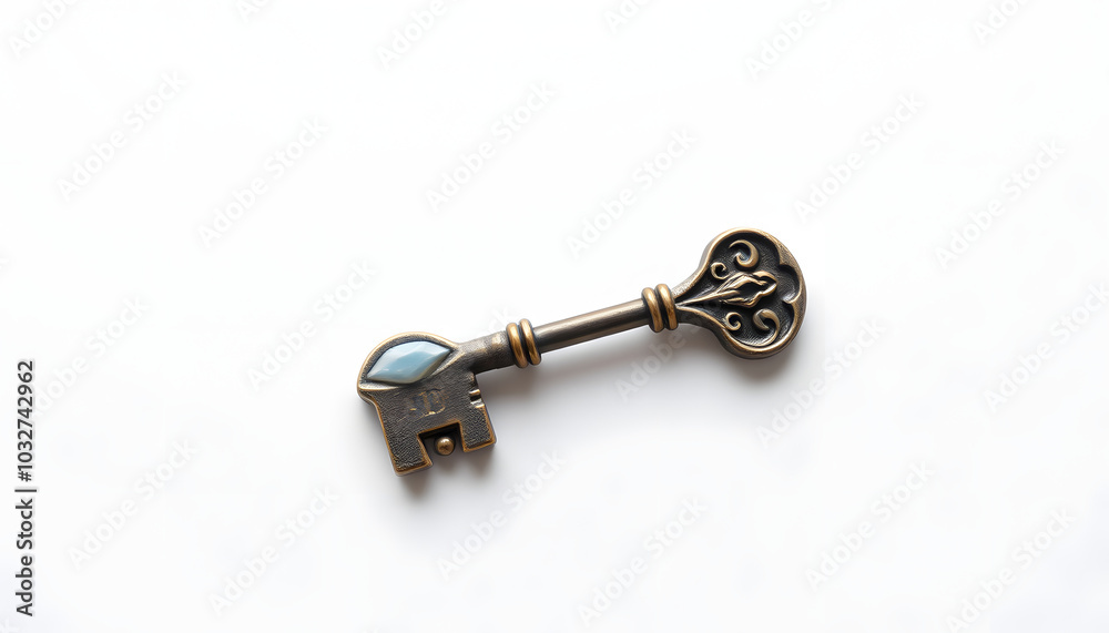 Single antique key on a white background isolated with white highlights, png Single antique key on a white background isolated with white highlights, png
