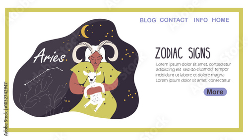 Landing page with aries zodiac sign, avatar female horoscope. Modern woman character, stylish astrological personality. Trendy girl with horns, with lamb, goat. Flat graphic vector illustration.