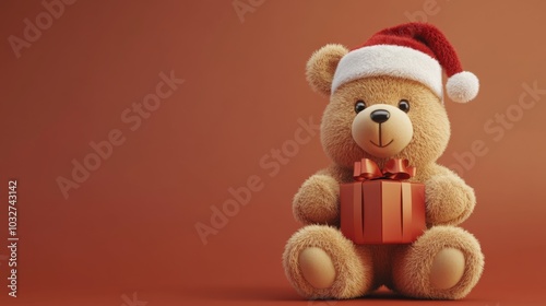 Cute Teddy Bear with Santa Hat Holding a Gift