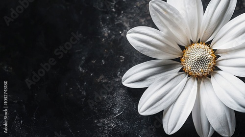   A white flower centered on a black surface with a yellow center in its center photo