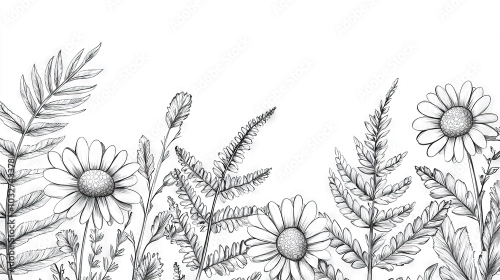 Fototapeta premium A black and white image of a field of wildflowers on a white background with space for text
