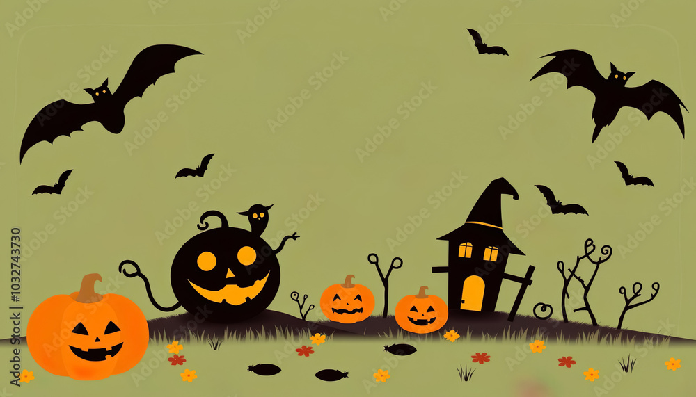 Fototapeta premium Halloween greeting card template with pumpkins, ghosts, bats and with free space for text.