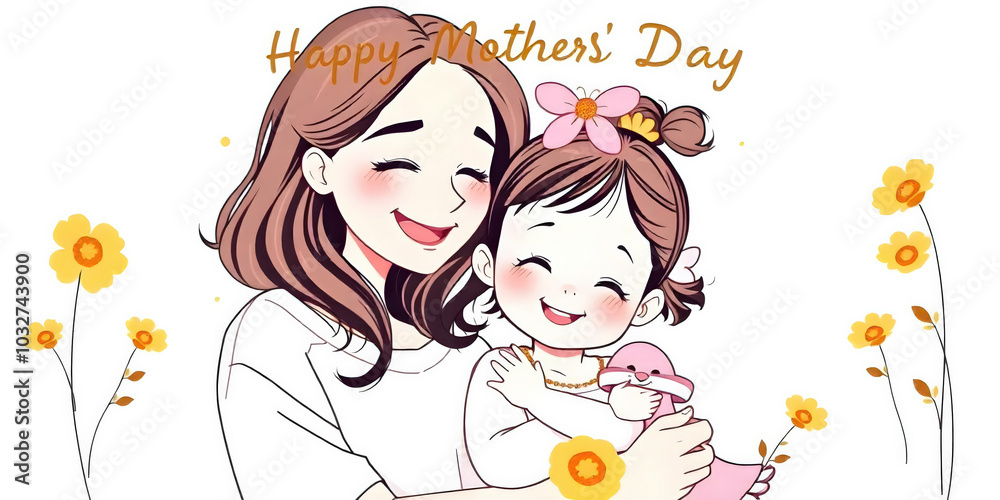 A vector illustration of an adorable little girl with big, sparkling eyes and a joyful smile. She has colorful hair accessories and is wearing a cute dress, playing in a vibrant garden filled with flo