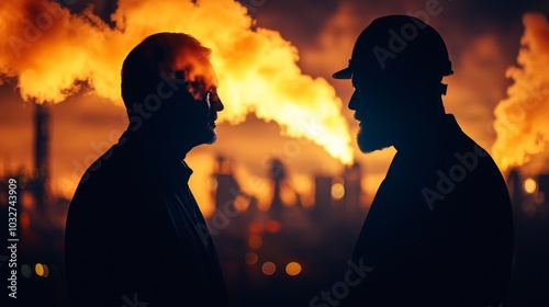 Confrontation amidst the flames two figures silhouetted against an industrial landscape of smoke and fire