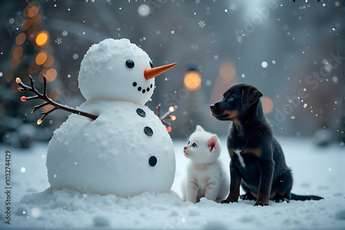 Inquisitive puppy and kitten examining friendly snowman in magical winter setting