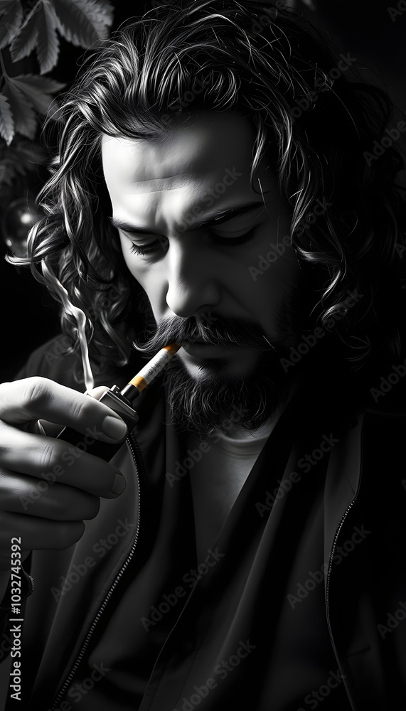 Fototapeta premium Drug addicted man with mustache and curly long hair using lighter to light up cannabis cigarette in black and white with dark tone style, substance abuse, bad habit and addiction concept isolated wi