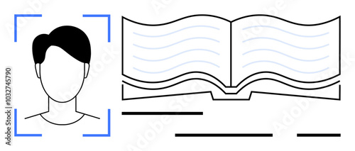 Portrait of a person next to an open book which is augmented by lines and shapes indicating text or information. Ideal for digital identity, education, learning, personal information, biography