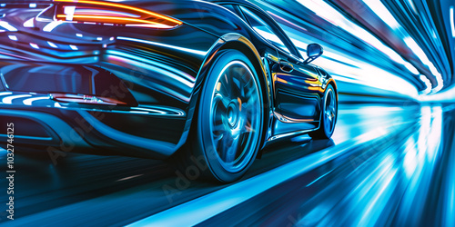 A sleek black sports car in motion, captured with a dynamic blur effect. The background features vibrant blue and yellow lights, emphasizing speed and energy.