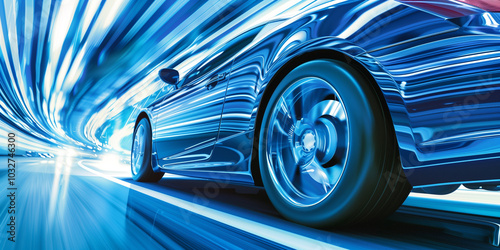 Wallpaper Mural A sleek, modern car in motion, with a dynamic blur effect creating a sense of speed. The background features vibrant blue and white light streaks, enhancing the feeling of rapid movement. Torontodigital.ca