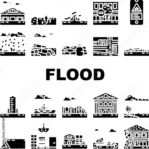 flood water disaster storm icons set vector. rain river, surge inundation, overflow emergency, evacuation, rescue, damage flood water disaster storm glyph pictogram Illustrations