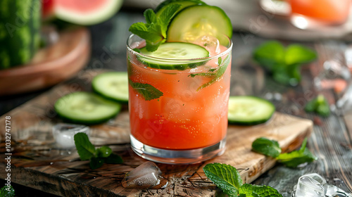 Refreshing summer watermelon cocktail with cucumber and mint in a glass on a wooden table. photo