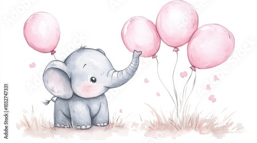 Cute Elephant with Balloons Illustration