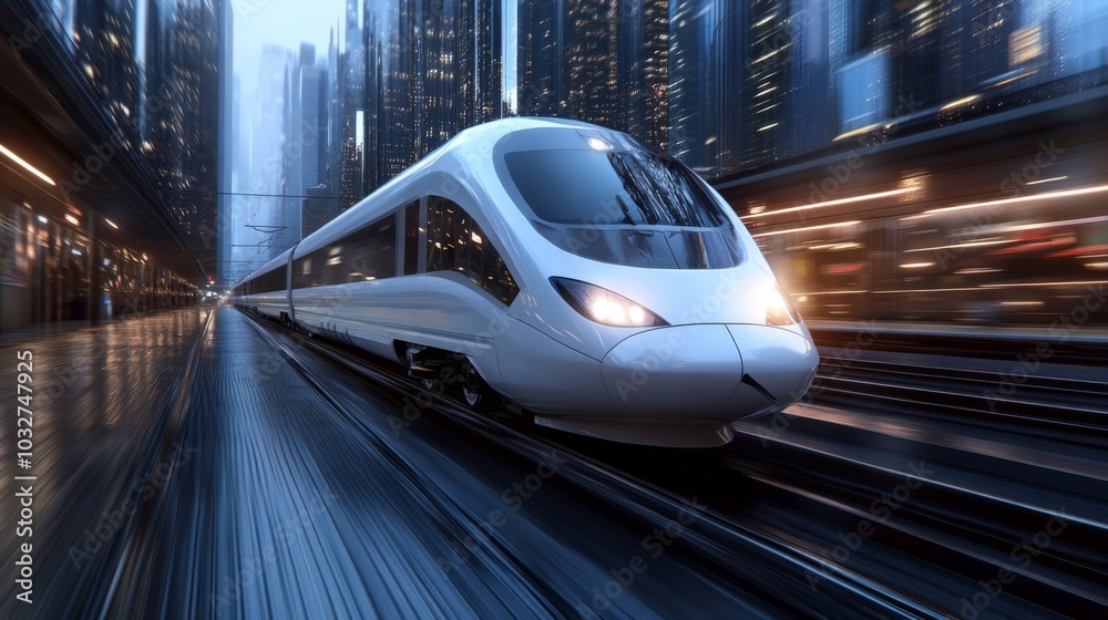 Futuristic High-Speed Train in Urban Landscape Futuristic High-Speed Train in Urban Landscape