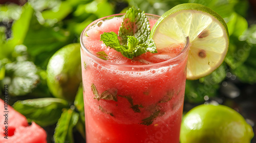 Refreshing watermelon drink with lime and mint. The perfect summer drink to cool down and enjoy the hot weather. photo