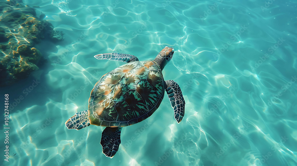 Obraz premium Amazing close-up photo of a sea turtle swimming in the ocean. The turtle is surrounded by clear blue water and sunlight.