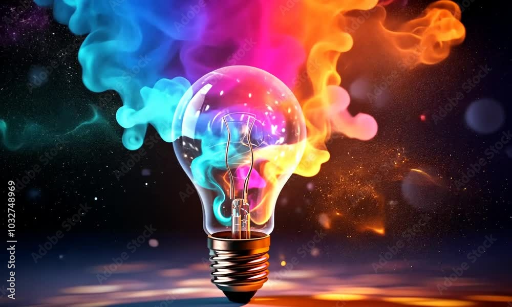 Incandescent lamp with colorful smoke, on a dark background. Creative light bulb exploding with colorful paint. Concept: new generation lighting, energy saving.