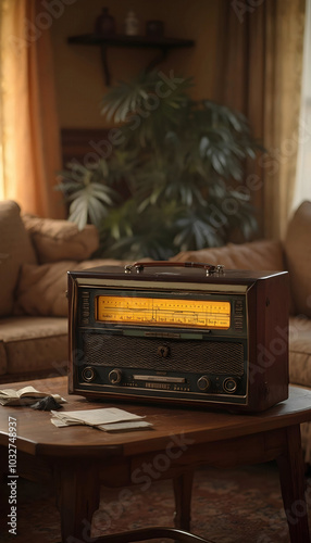 A vintage radio resting on a wooden table, surrounded by warm, inviting decor. The radio showcases its retro design, adding a nostalgic charm to the cozy setting.