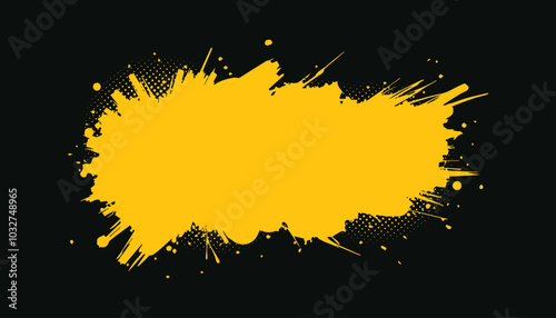 Yellow paint splatter on a dark background with halftone effect
