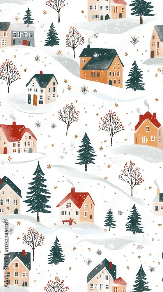 A hand-drawn winter pattern with snowy houses and trees, perfect for creating festive holiday-themed social media graphics and posts during the winter season A hand-drawn winter pattern with snowy houses and trees, perfect for creating festive holiday-themed social media graphics and posts during the winter season